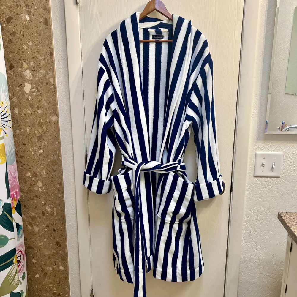 Club Room Navy Blue White Striped Cotton Terry Robe XL Shawl Collar Pockets